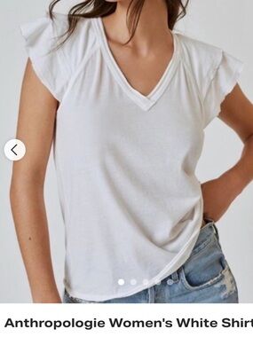 Anthropologie White V-Neck Ruffle Sleeve Tank